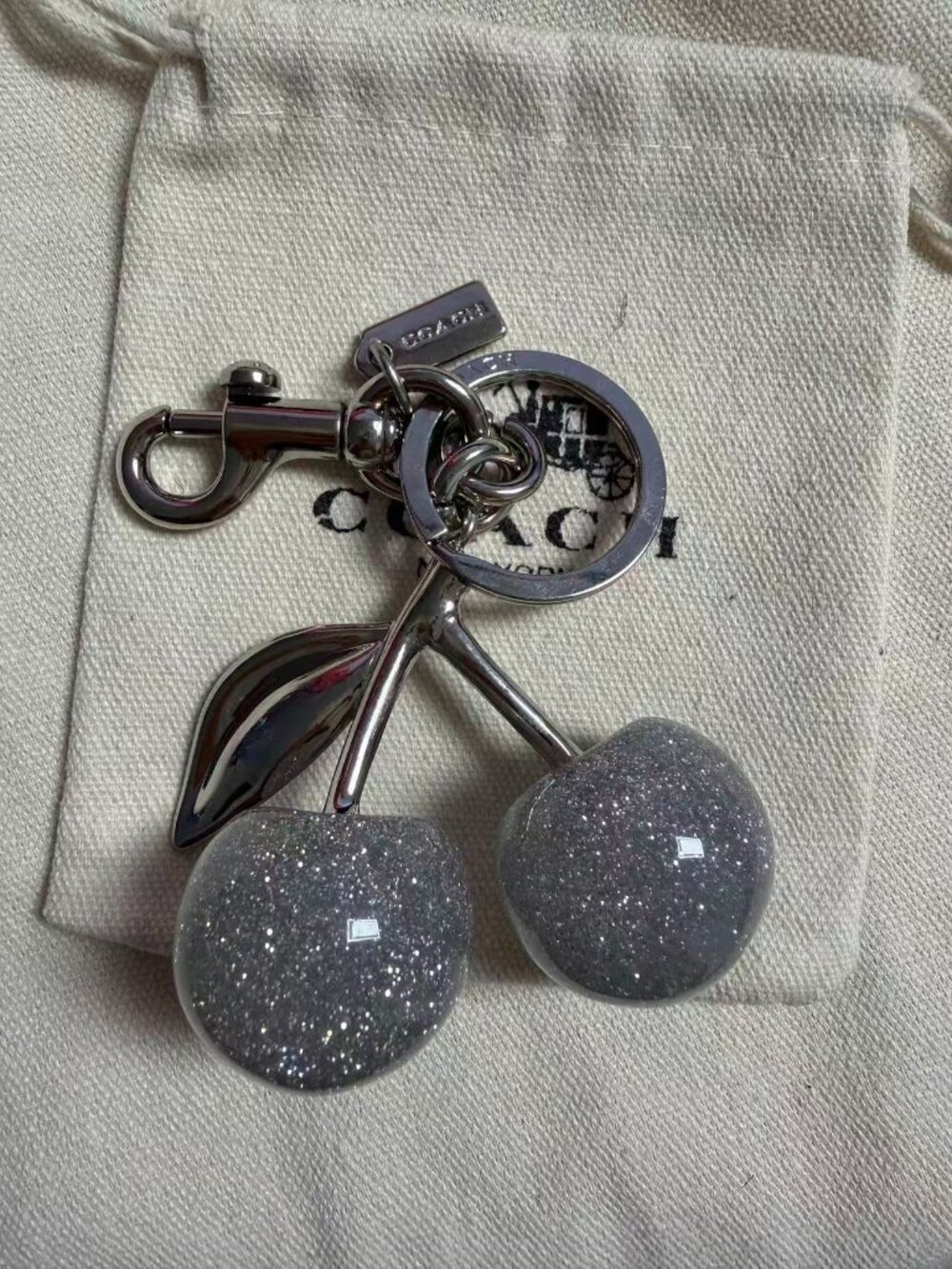 Coach Silver Cherry Keychain Bag Charm -Sparkle Accent